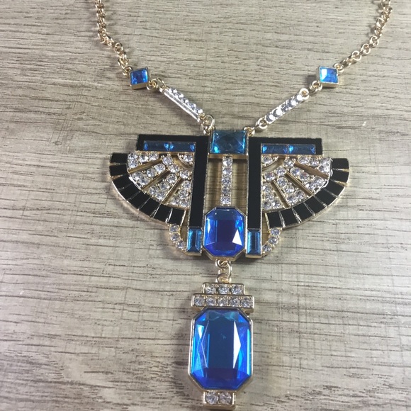 Bohemian Egyptian Elegant Blue and Gold Rhinestone Winged Statement Necklace - Picture 4 of 5